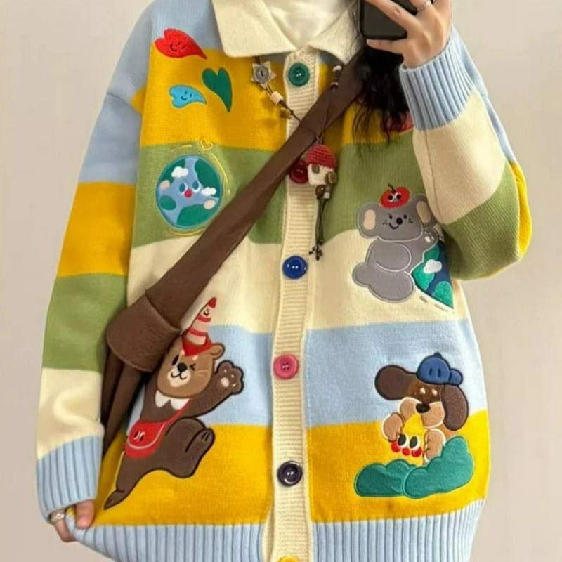 

Cute Sweet Cartoon-embroidered Colorful Button Color-blocking Design Knitted Cardigan Sweater Dopamine Coat Autumn Winter 2026
