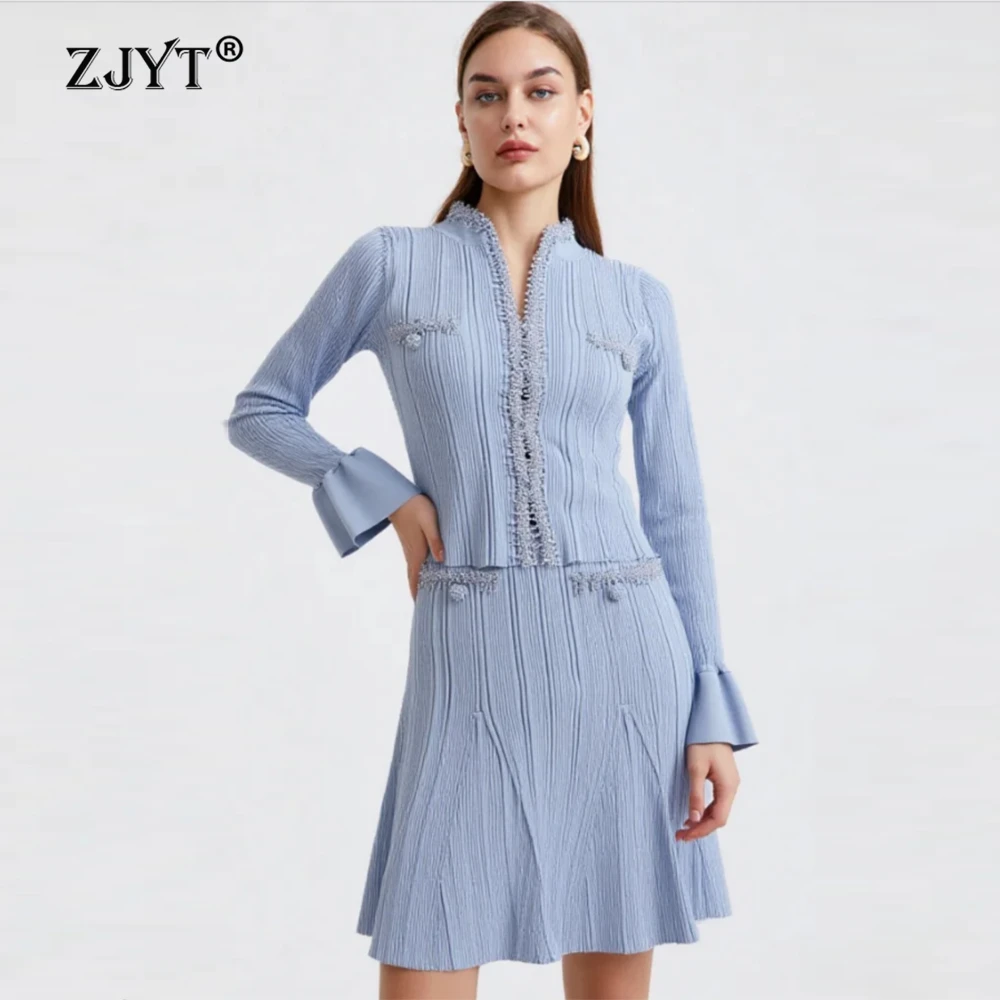 

Комплект ZJYT: Весенний костюм для женщин, свитер с жемчугом и вязаная юбка, элегантный костюм-двойка, повседневный наряд для вечеринок, розовый трикотаж