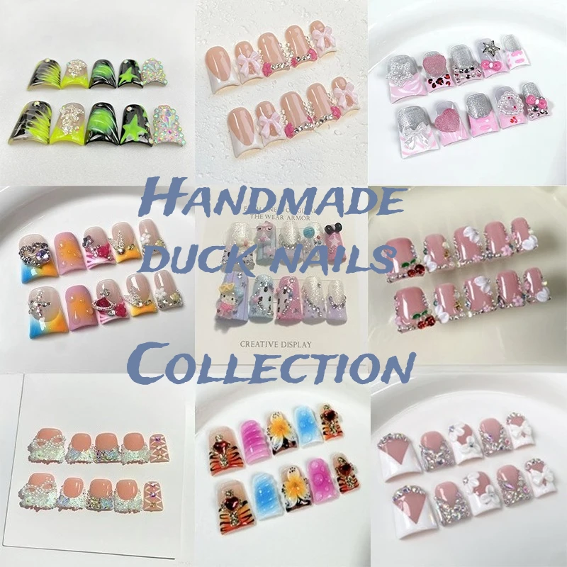Colección de uñas postizas hechas a mano con diseño de pato, decoración de gatitos en 3D, diseños florales de diamantes de imitación, uso diario, 10 Uds.