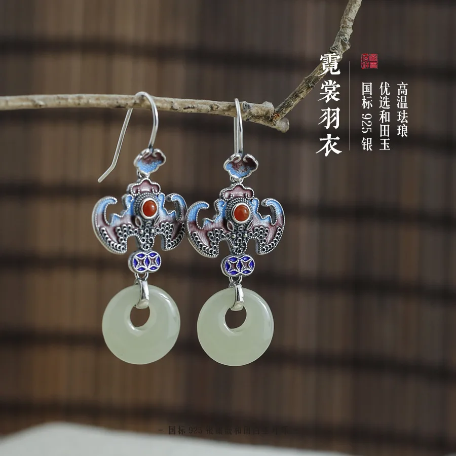 

Natural Hetian Jade Peace Buckle Earrings Handcrafted S925 Sterling Silver Enamel Bat Classical Ear Hooks High-end Elegant