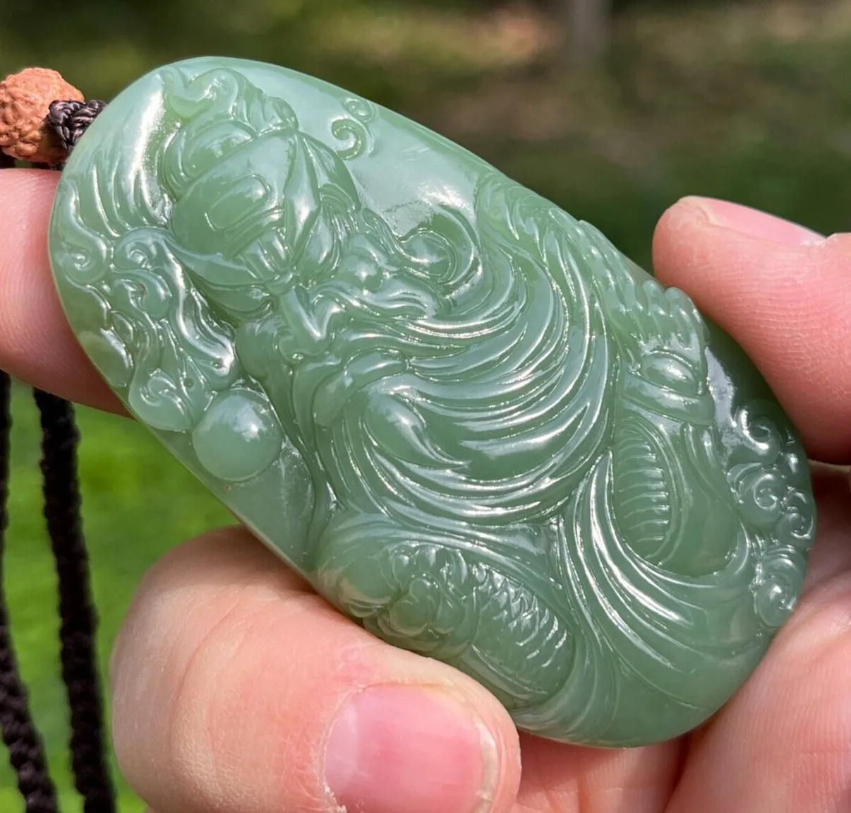 CERTIFIED 61g 100% NATURAL CHINESE HOTAN GREEN JADE HAND CARVED GUAN YU PENDANT