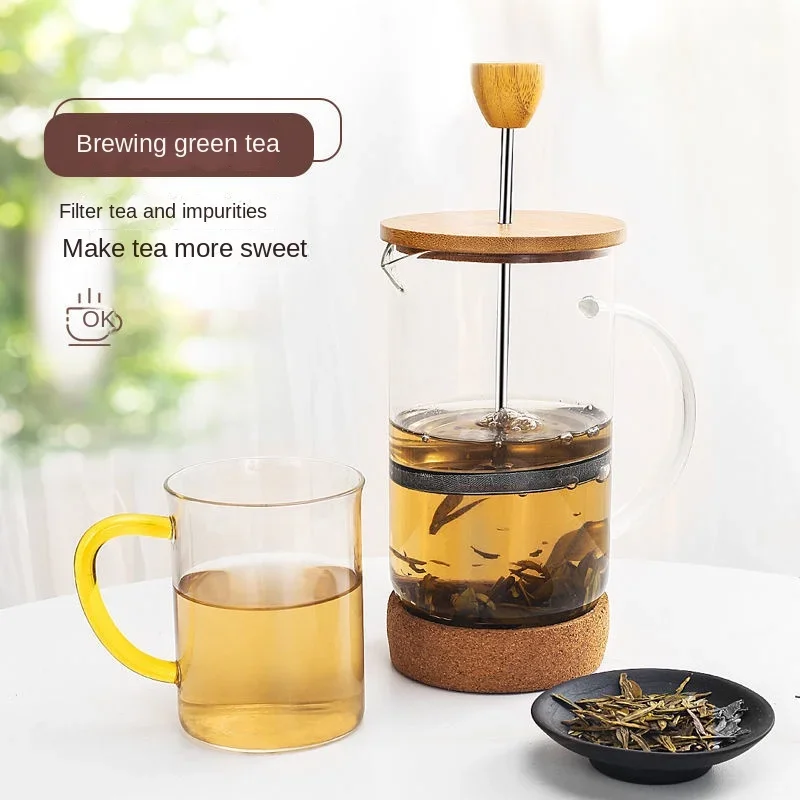 

Borosilicate Glass French Press with Wooden Lid Heat Resistant Stainless Steel Coffee Maker for Milk Frothing