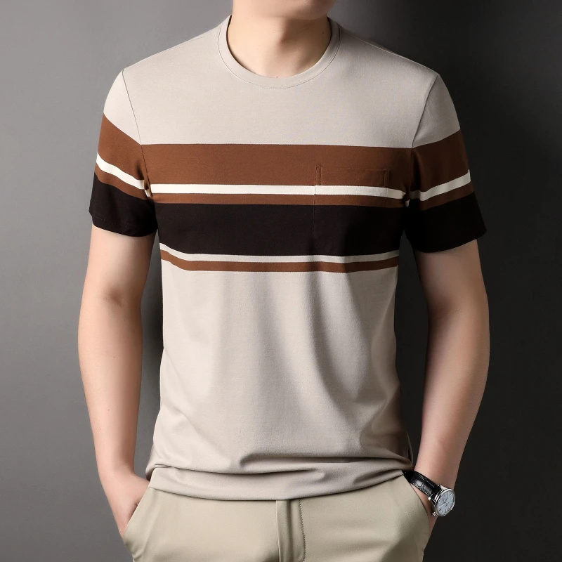 

Мужская футболка в полоску с карманами для папы и лацканами, дышащая крутая рубашка-поло, свободная