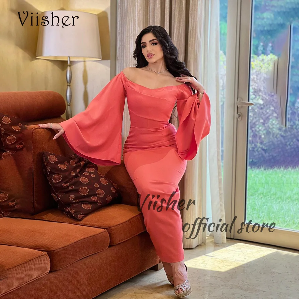 

Viisher Coral Satin Mermaid Evening Dresses Flare Sleeve V Neck Arabic Dubai Formal Prom Dress Tea Length Party Gowns