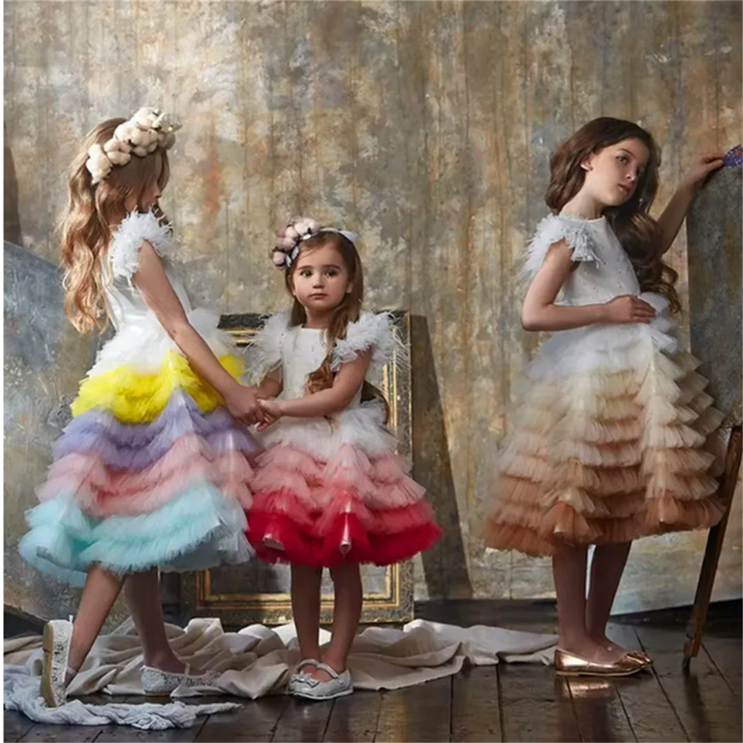 Short-sleeved Tulle Lace Layered Flower Girl Dress Princess Ball First Communion Dresses Kids Surprise Birthday Present