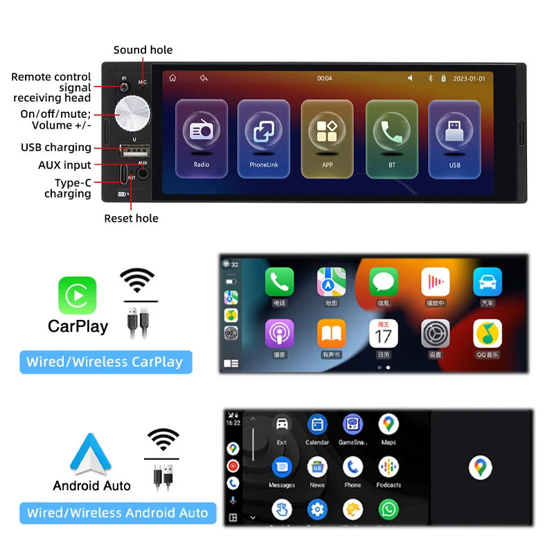 1 DIN Autoradio Met 6,36 Inch Touchscreen – Wireless CarPlay & Android Auto, Achteruitrijcamera, FM, Bluetooth, Handsfree, Stuurbediening