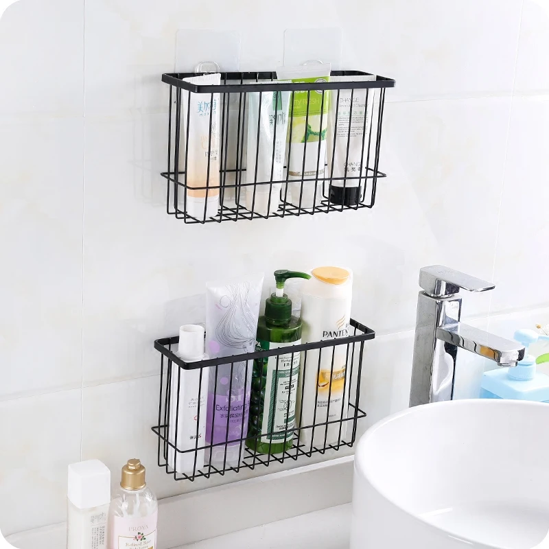 Iron Kitchen Storage Basket Sundries Wall Organizer Rack Kitchen Seasoning Hanging Basket Bathroom Shelf Desktop Storage Basket