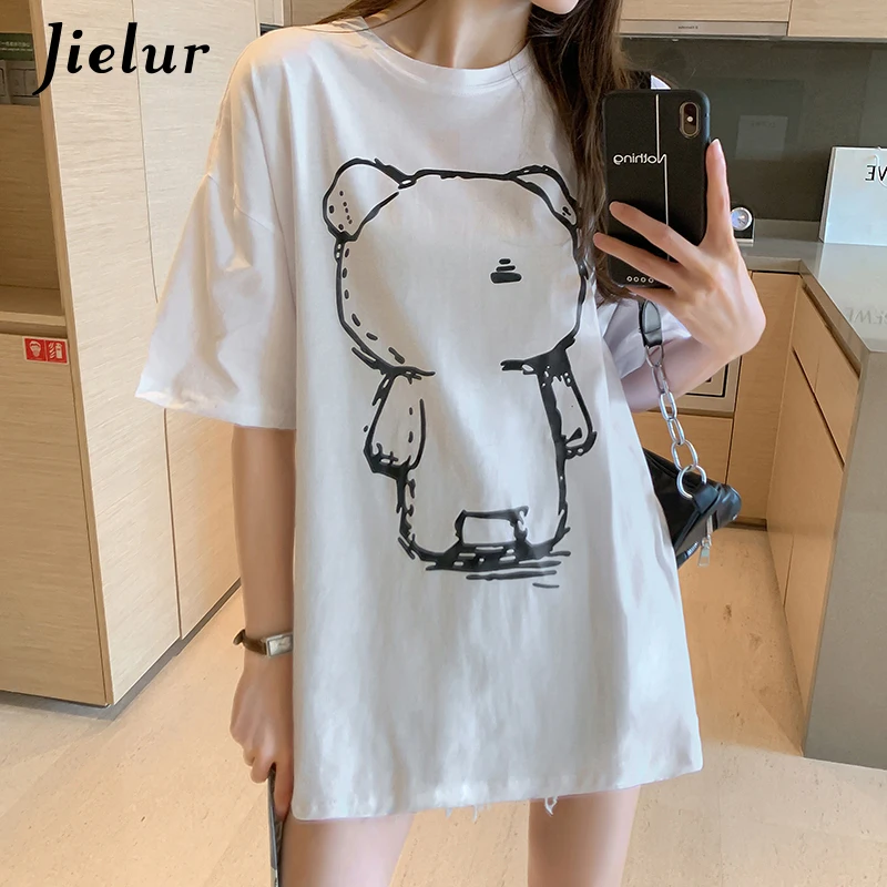 New Cute Cartoon Print T-shirts Women Summer Short Sleeve Tee Shirts Fashion Casual White Blue Pink M-XXL T-shirts Tops Hipster