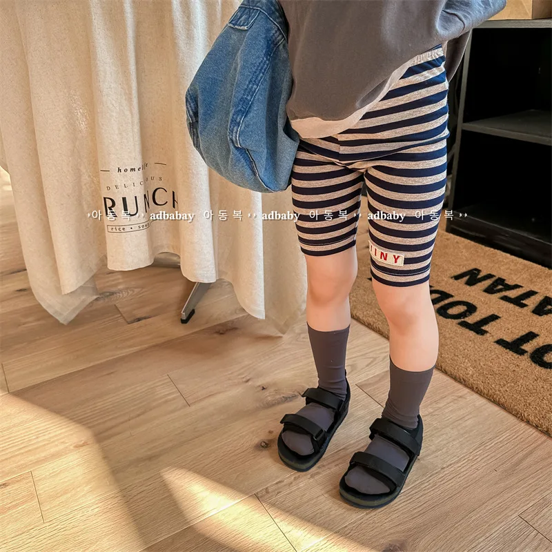 Summer Toddler Girls Knee Length Leggings Striped Casual Shorts Korean Thin Cotton Baby Kids Skinny Short Pants