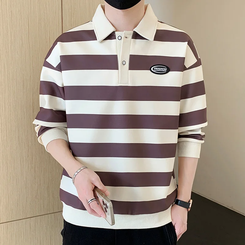 Commute Basic Striped T-shirts Spring Autumn Polo-Neck Button Men\'s Clothing Long Sleeve Korean Patch Designs Loose Polo Shirts