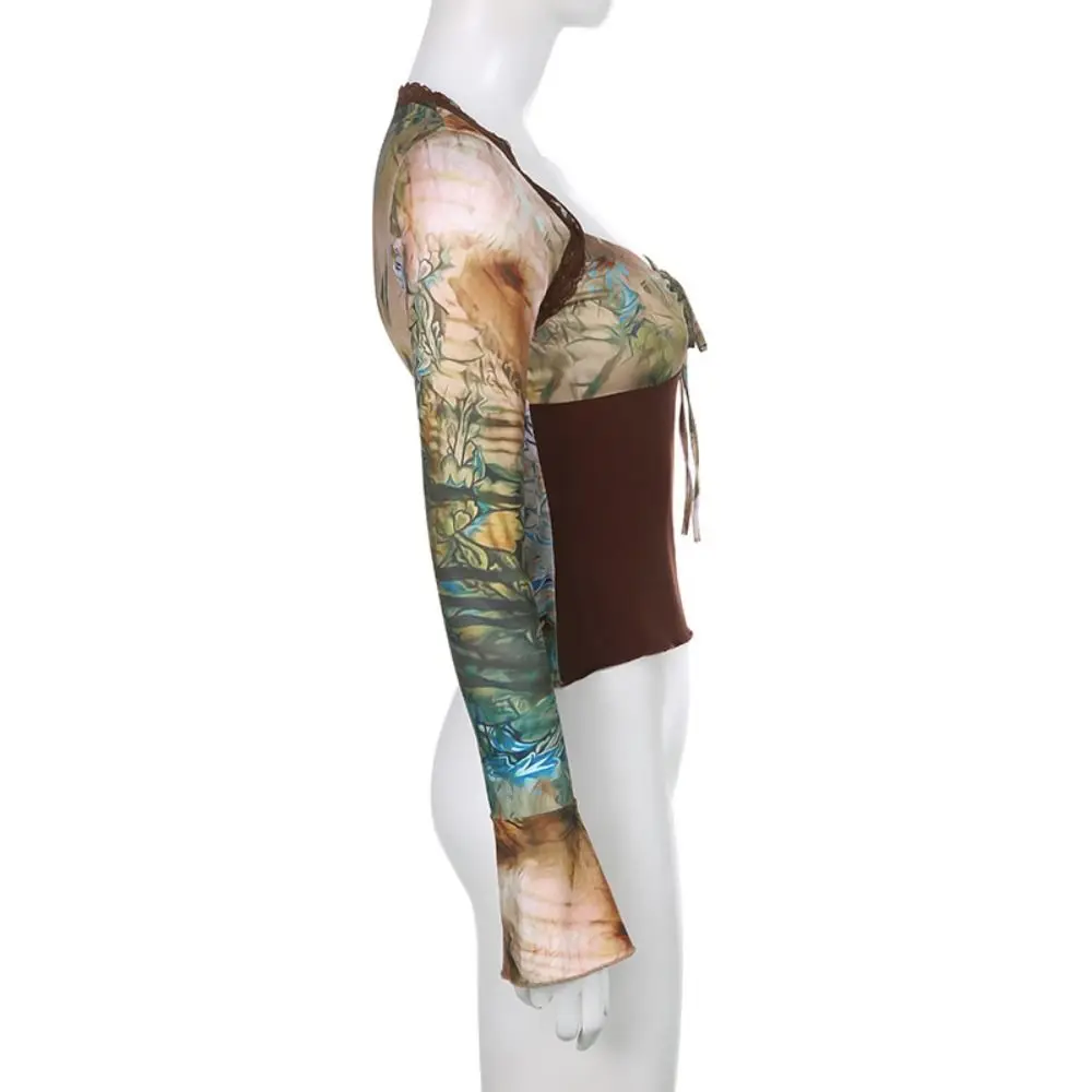 T-shirt floreale trasparente plissettata con lacci maniche lunghe scollo a V stampa corsetto dolce stile coreano slim crop top primavera estate