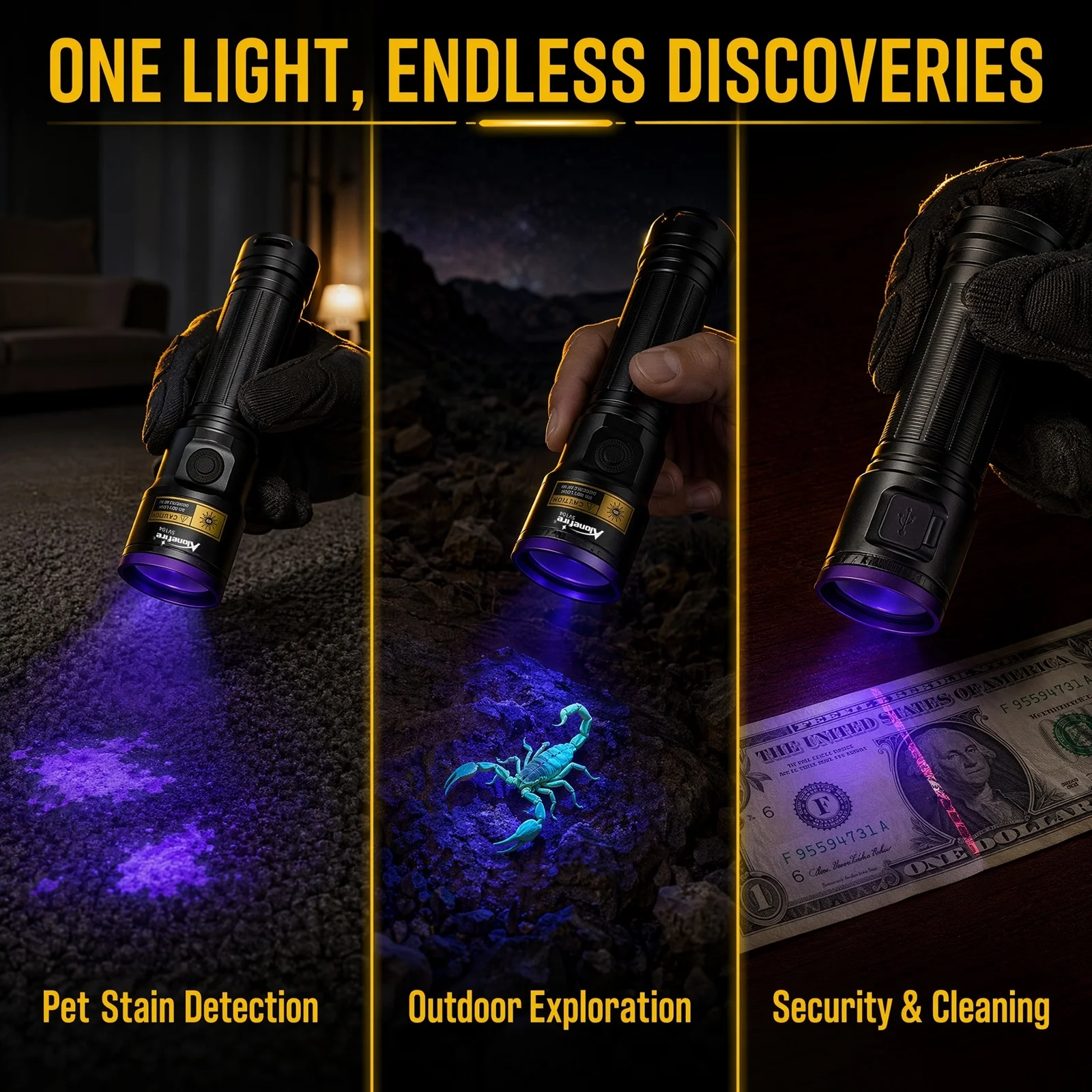 20W 365nm UV USB Rechargeable Flashlight UV Glue Curing Aluminum Torch Pet Stain Tinea Ore Jade Money Scorpion Detection Light view 2