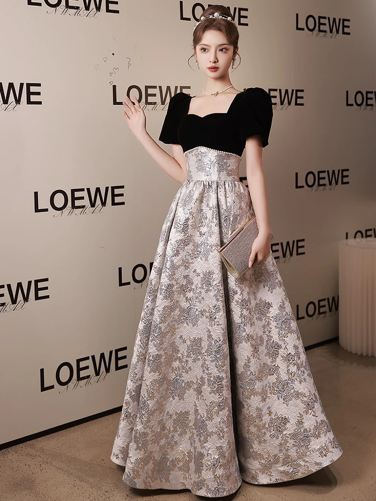 

Sexy Prom Dresses Puff Sleeves A-Line Pearl Print Jacquard Square Collar Zipper Patchwork Evening Cocktail Bride Wedding Gowns