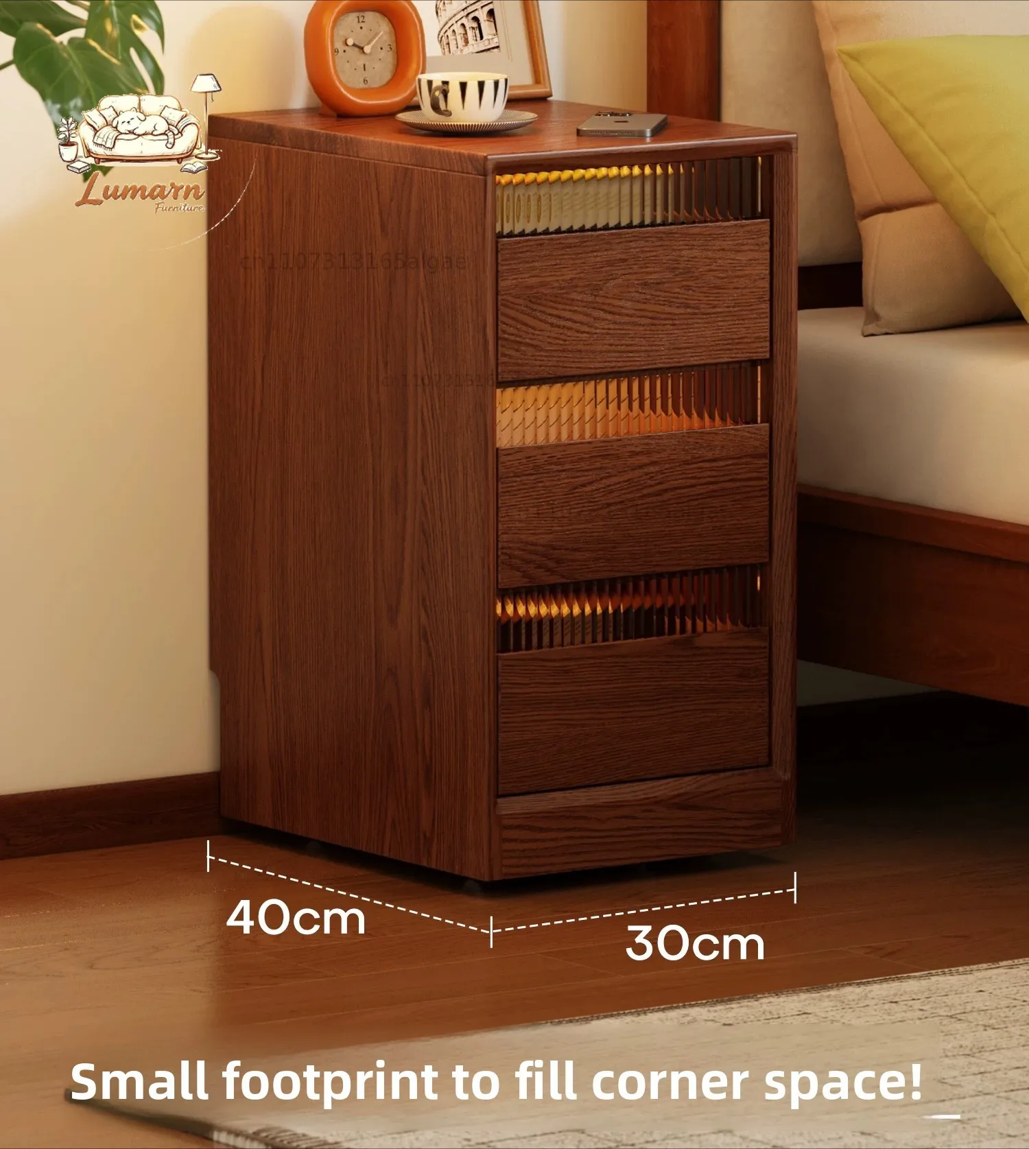 Super narrow bedside table Solid wood bedside narrow crevice cabinet 30cm wide Small movable medieval style integrate