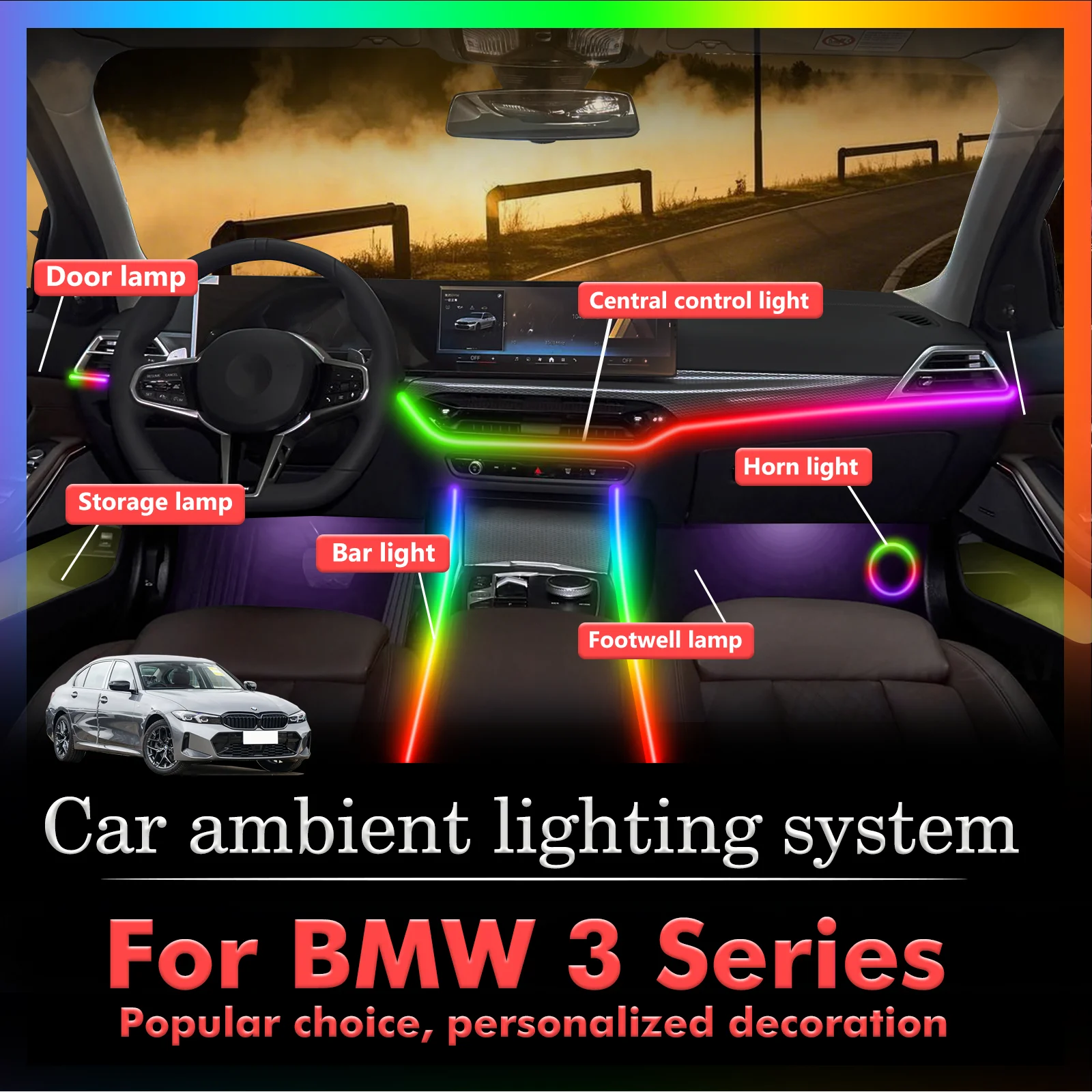 

For BMW 3 Series Car Interior Decorative Ambient Light RGB 64-Color LED Smart Remote Control Energy Saving Efficient Kit