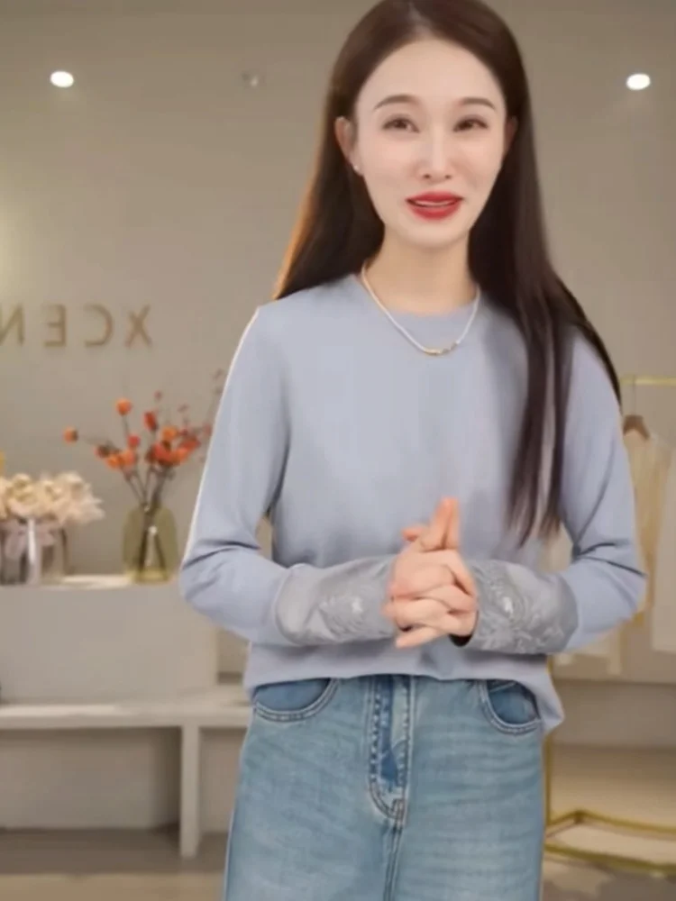 تي شيرت طويل مطرز من Ele Crew Ne Base irt خفيف الوزن بتصميم صيني ثقيل من Workmanip