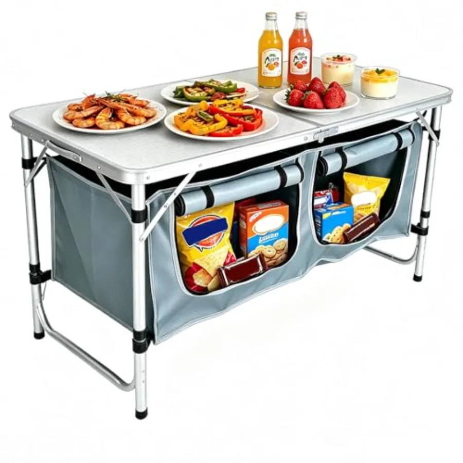 

Folding Camping Table for Outdoor Kitchen, Picnic, Beach, RV Use; Aluminum Alloy, Black; Lightweight, Adjustable Legs, Large St