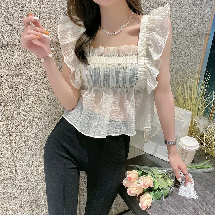 Elegant Pure Color Shirt Women's Design Sensation Summer New Style Square Collar Short Length Fly Sleeve Slim Fit Top