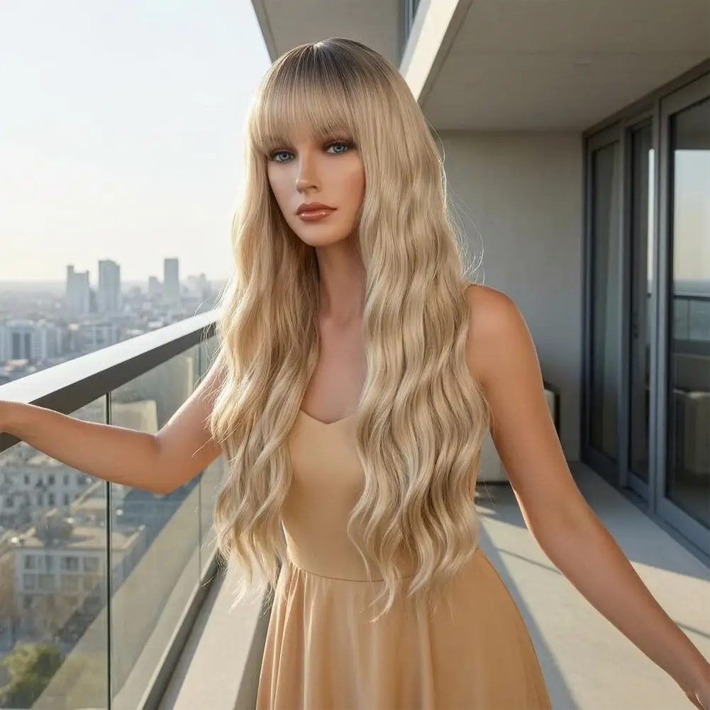 65cm Women Long Curly Blonde Wig With Bangs Natural Looking High Temperature Fiber Halloween Cosplay Party Fluffy Synthetic Wig