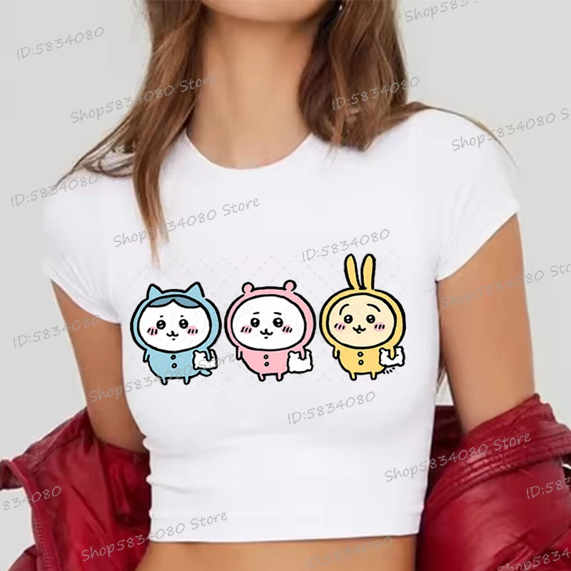 

Chiikawa Girl Harajuku Short Sleeve T-shirt Kawaii Y2K Crop Tops Cartoon Chiikawa Graphic Print Cotton Short Sleeve Women Tees