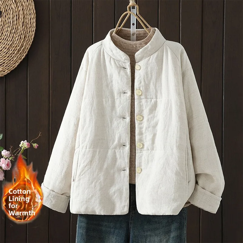 

Winter Cotton Linen ort Casual Collar Artistic Retro Jaet Women Single Button Small Cotton Clothes Thiened Long Sve