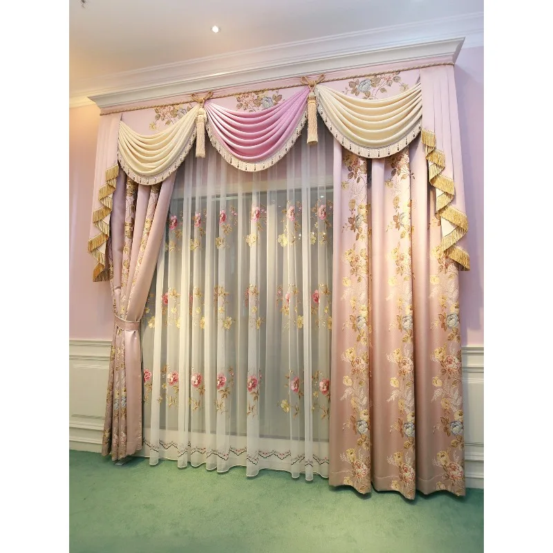 European-style large flower curtains living room luxury pink premium princess French bedroom blackout curtain head new retro vil