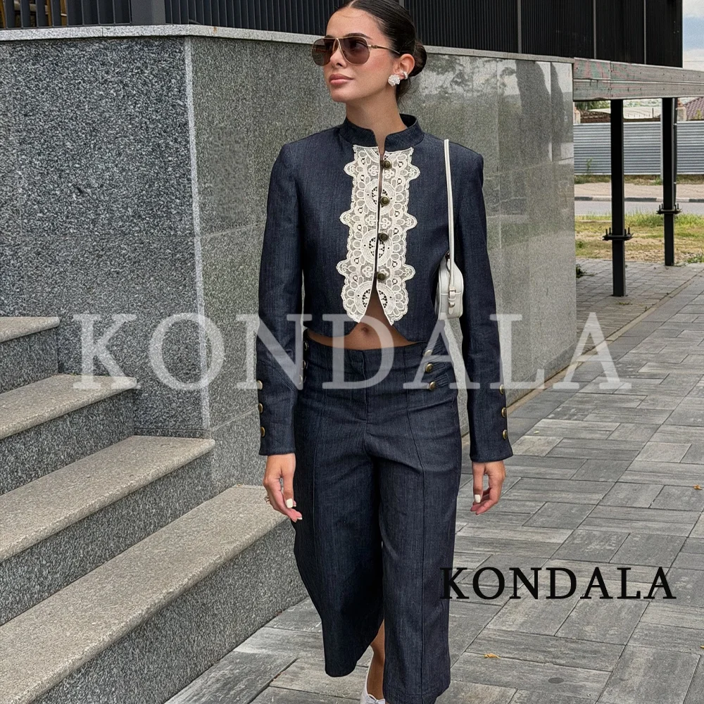 KONDALA Women Chic Vintage Shorts Set Lace Spliced Short Blazer, Buttons Trim Shorts 2026 Early Fall Trendy Elegant Commute Suit