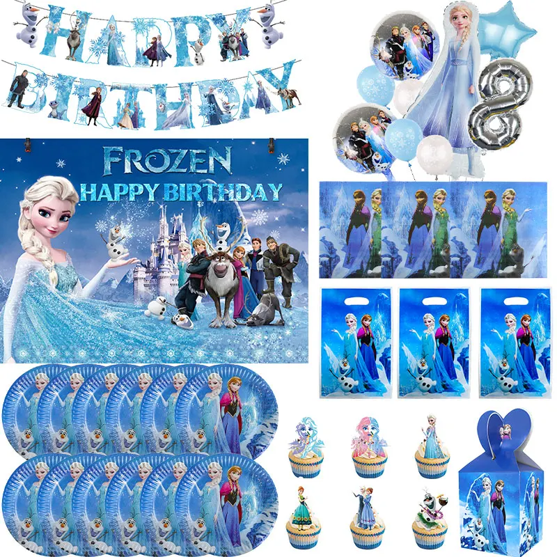 Disney Frozen decorazioni per feste di compleanno forniture per feste stoviglie scatole regalo di caramelle Elsa Balloon Banner tovaglia bomboniere