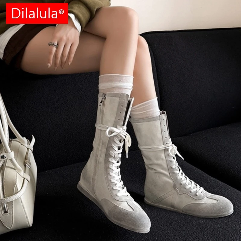 

Dilalula 2026 Genuine Cow Suede Young women's Mid Calf Boots Med Increased Heels Lace Up Mixed Color Lady Casual Boots Girls