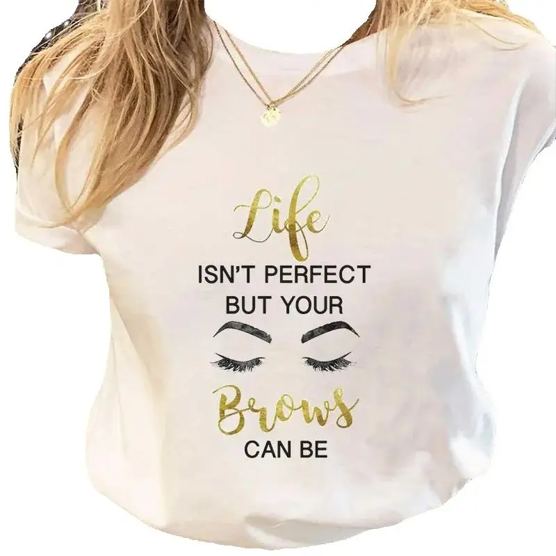Women's New Eyelash Outfit Cute Fashion Round Neck White Base Shirt Women  Tops  Harajuku Polyester fabric