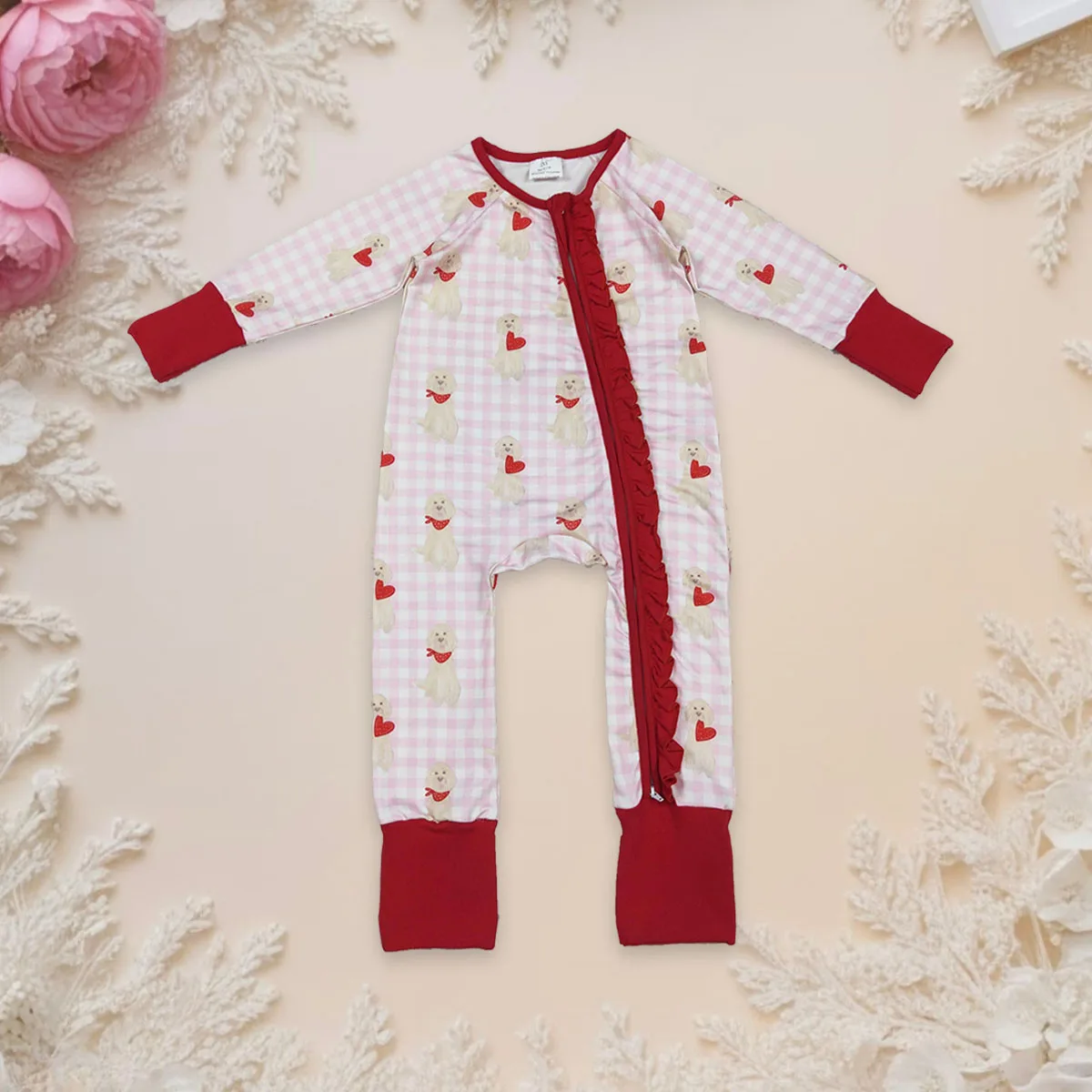 

Newborn Baby Girl Valentine Clothing Long Sleeves Zipper Bubble Romper Jumpsuit Kids Children Toddler Spring One-piece Wholesale