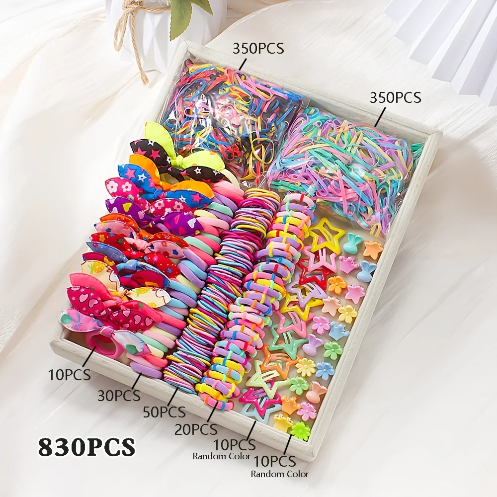 830/876 pieces of cute and sweet colorful netted high-elastic hair ties for girls | bow, flower, and star clip accessories image 3