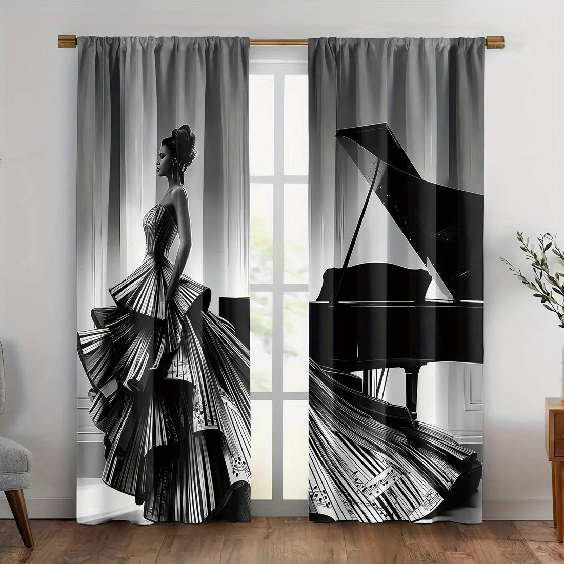 Elegant Black and White Art Print Curtains for Living Room Modern Abstract Diva Piano Style Home Decor