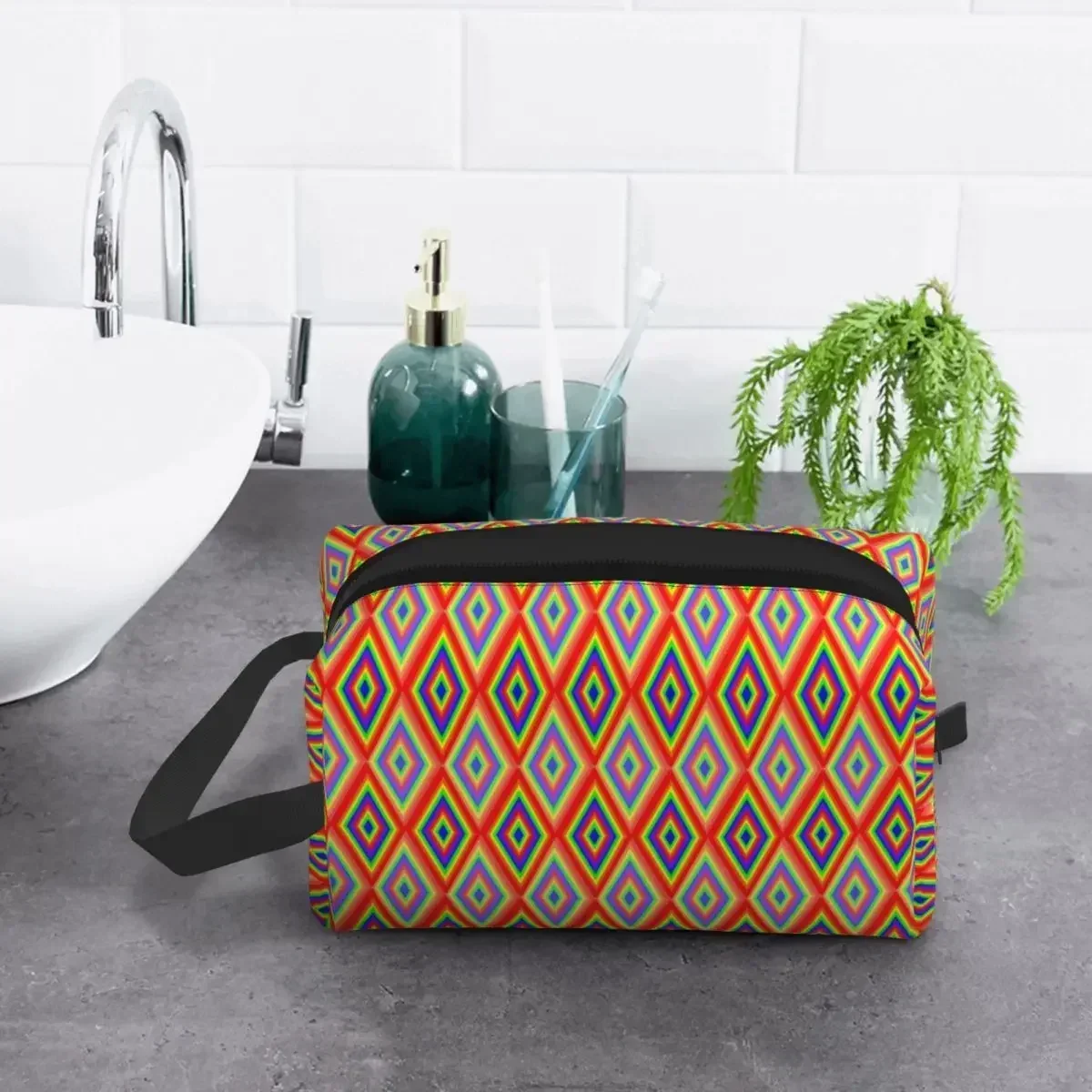 

Custom Travel Colorful Luxury Diamonds Pattern Toiletry Bag Makeup Cosmetic Organizer for Women Beauty Storage Dopp Kit Case