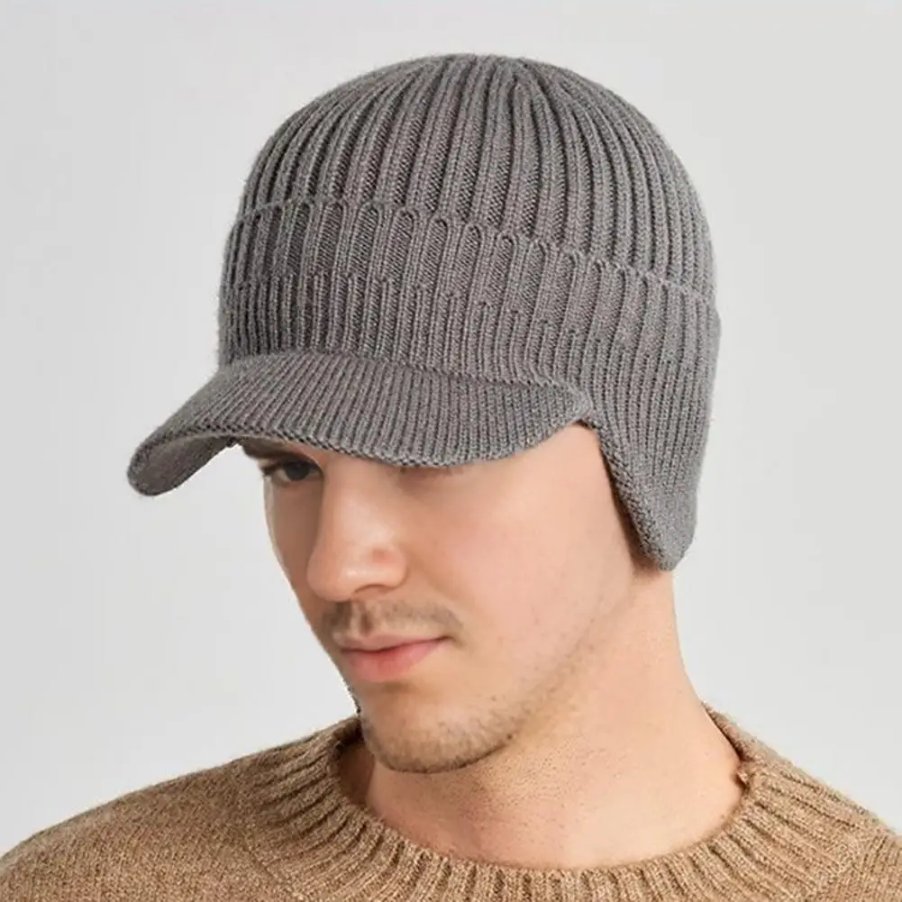 Comfortable Winter Hat Men’s Knitted Winter Hat with Extended Brim Thickened Plush Lining Ear Protection Weather Cap Solid