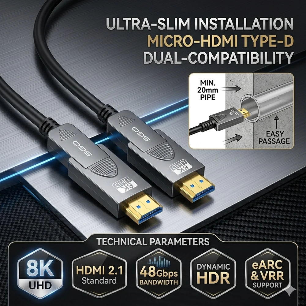 8K Detachable HDMI 2.1 Fiber Optic Cable 48Gbps 4K 120Hz 8K 60Hz HDMI Type A to D Removable Connector for Conduit Gaming PS5