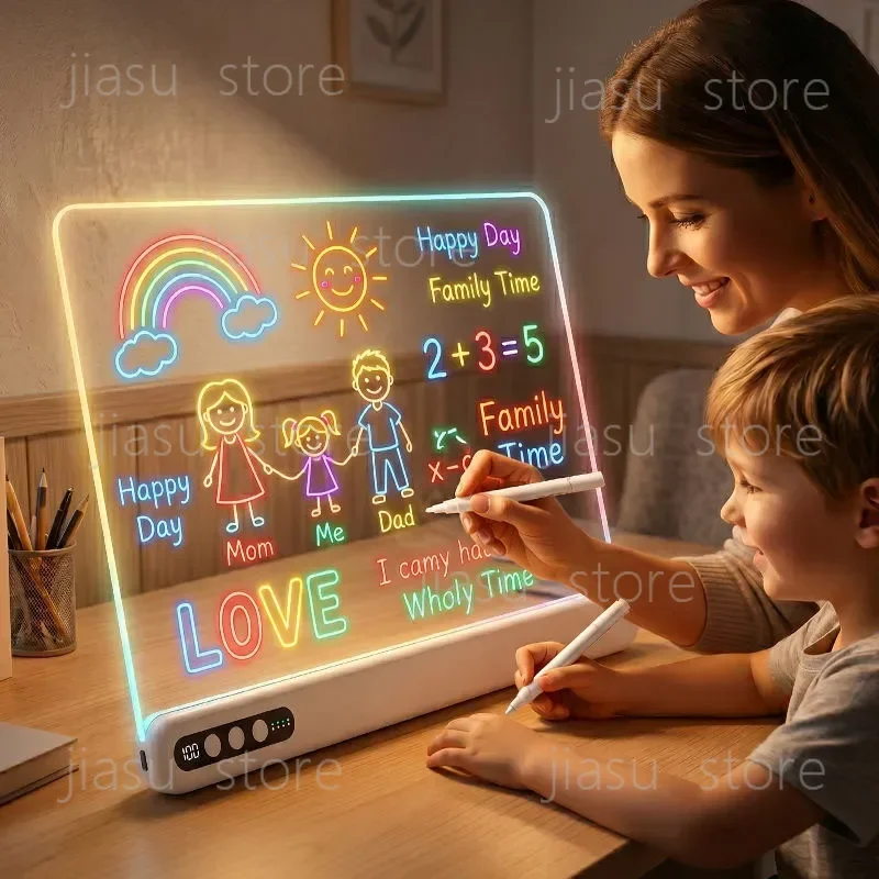 LED Drawing Board for Kids Rechargeable Light-Up Acrylic Neon Board with Timer and Built-in Stand Digital Battery