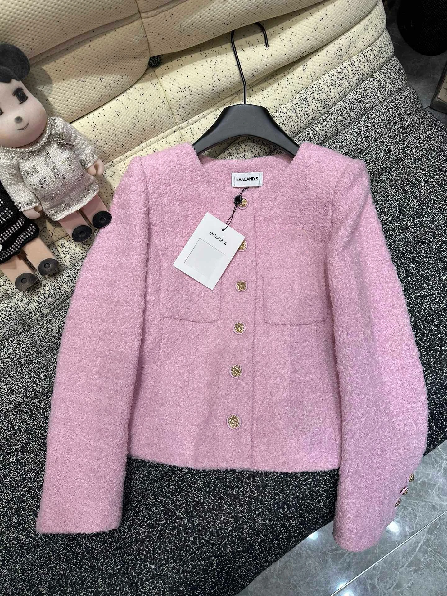 EVACANDIS Women Luxury New Wool Jacket Tops Outwear Chic Vintage Elegant Solid O-Neck Office Lady Sweet Single Breasted Coat