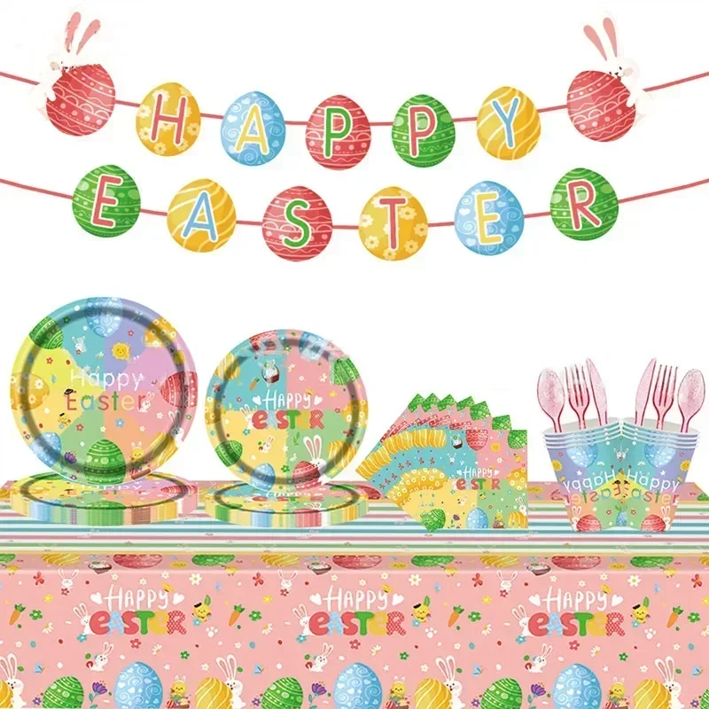 8Guests Easter Disposable Tableware Colorful Easter Eggs Plates  Easte Bunny Egg Napkin DIY Kids Happy Easter Party Favor