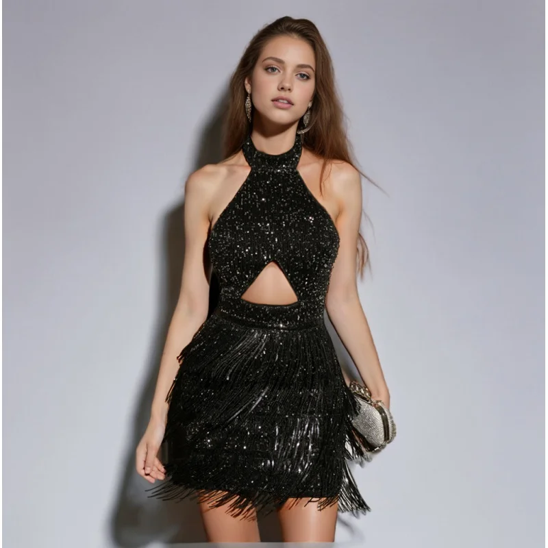 

2024 Fashion Solid Color Tassel Sequins Holder Backless Cocktail Party Birthday Women's Dress Short Skirt Elegant Slim Fit Sexy