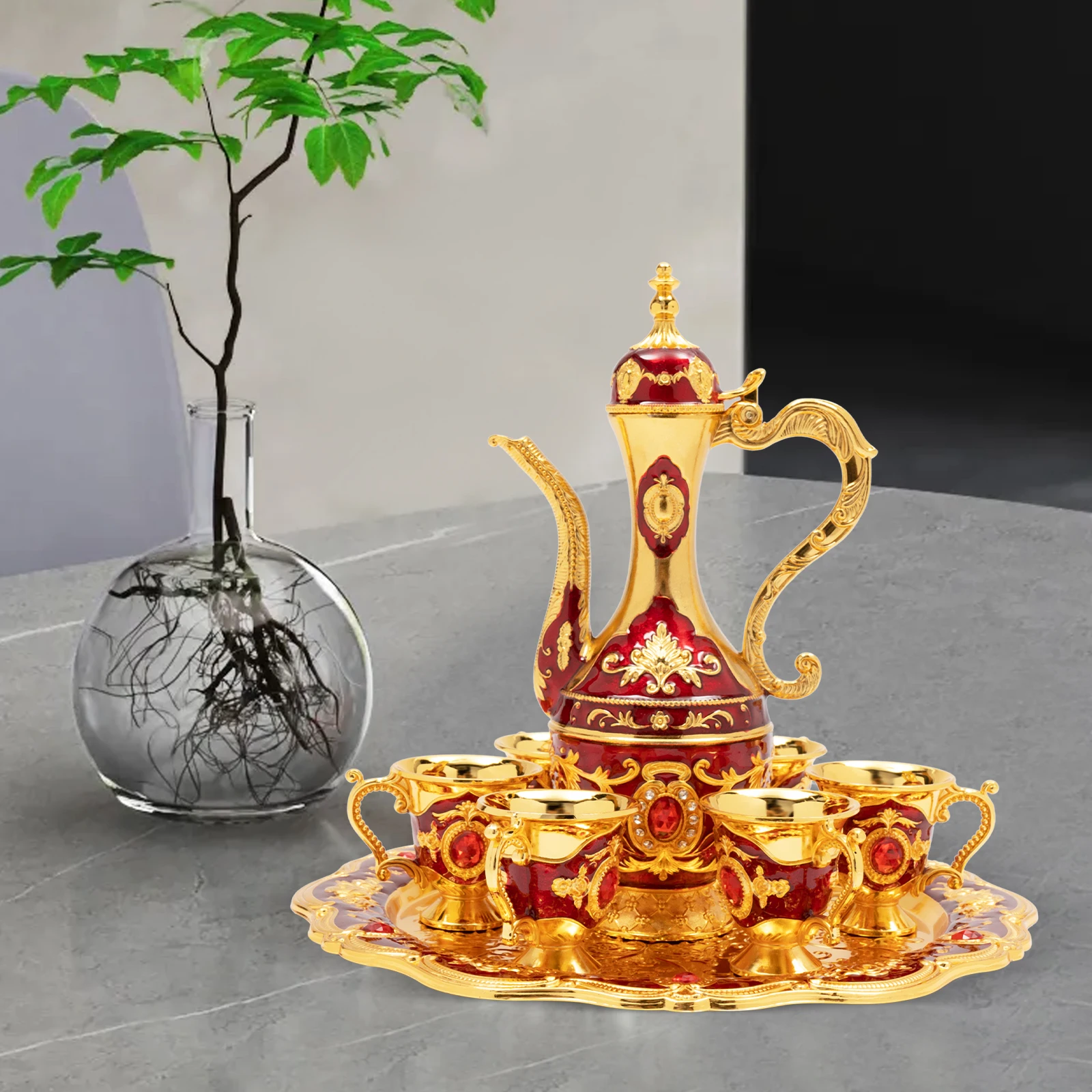 طقم شاي تركي 8 45 أونصة إبريق شاي مع 6 أكواب وصينية مجموعة تقديم تقليدية من سبائك الزنك لديكور المنزل هدية ثقافة القهوة التركية