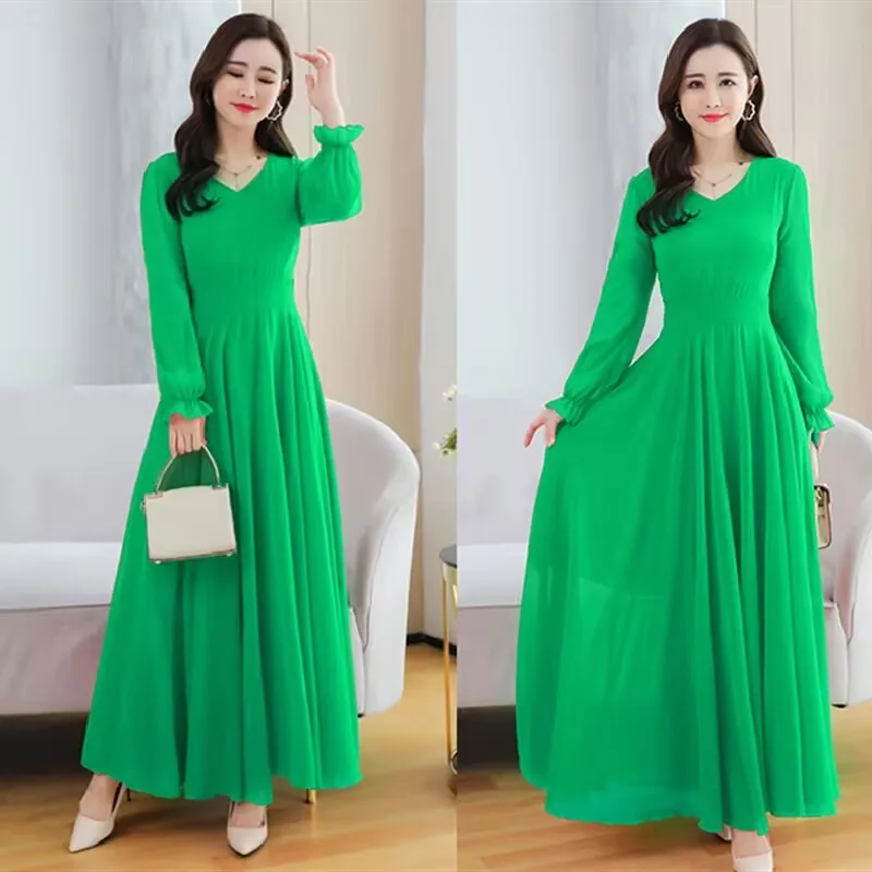 Light Luxury Temperament Solid Color Dress High-End Plus Size Women\'s Spring/Summer French Dress Chiffon Long Dress Purple White