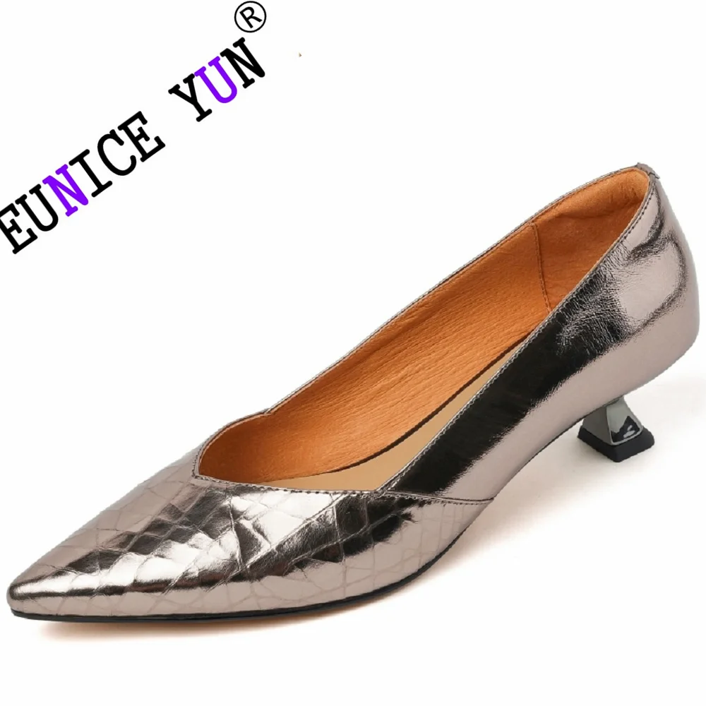 

【EUNICE YUN】New Arrival Women Cow Leather Pumps Sexy Pointed Toe Slip On Low Thick Heels Silver Color Dress Party Shoes 34-40