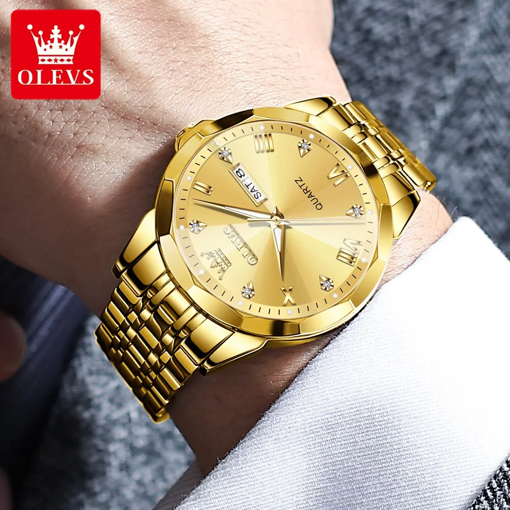 OLEVS Men's Watches Rhombus Mirror Original Quartz Watch for Man Waterproof Luminous Stainless Steel Wristwatch Male Date Week