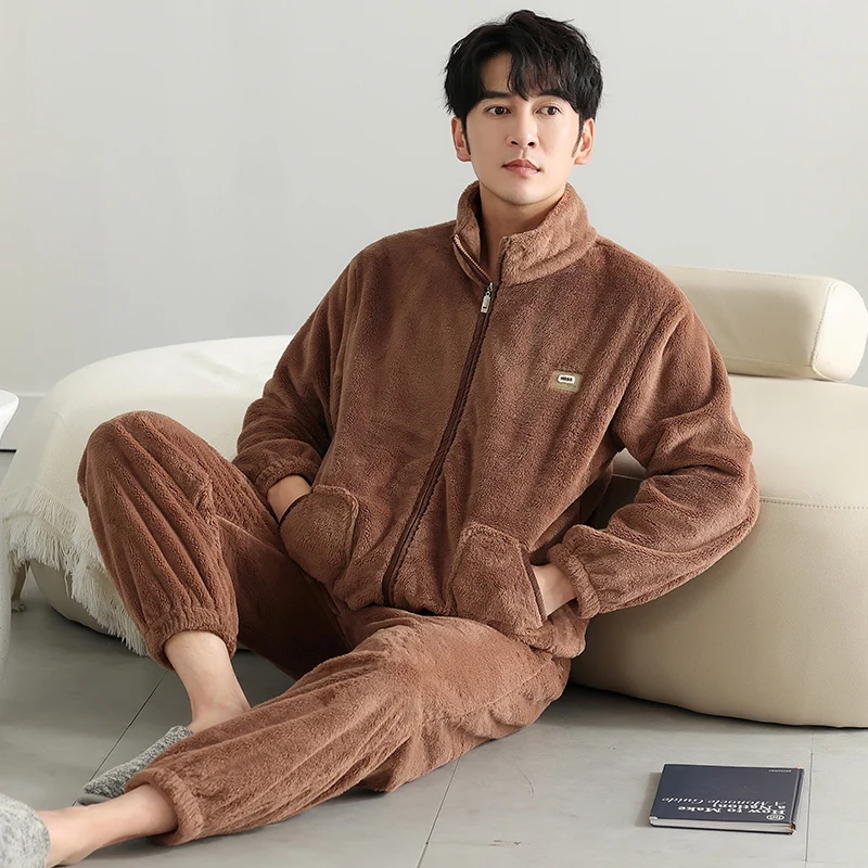 Autumn Winter Thick Warm Flannel Pajamas Set  Men's Coral Fleece Pijama Hombre M-4XL Casual Soft Pyjama