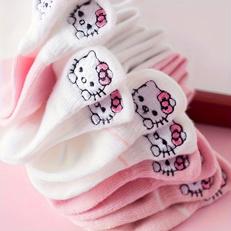 

5 Pairs Fashion Sanrio Hello Kitty Embroidery Socks Sweet Japanese Style Invisible Ankle Socks Women's Gilrs Stockings & Hosiery