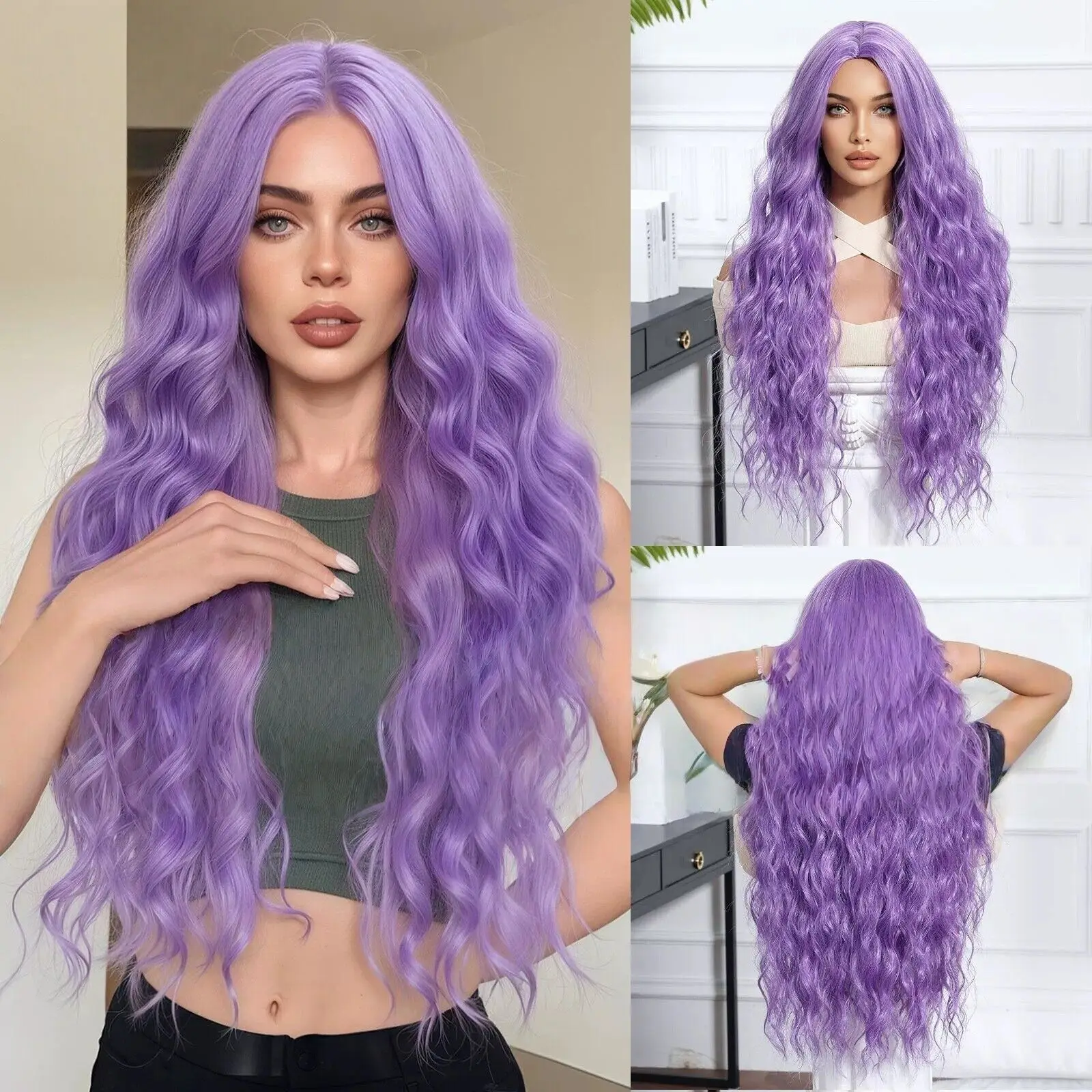 

Light Purple Long Fluffy Wavy Synthetic Wigs with Bangs Colorful Curly Wig