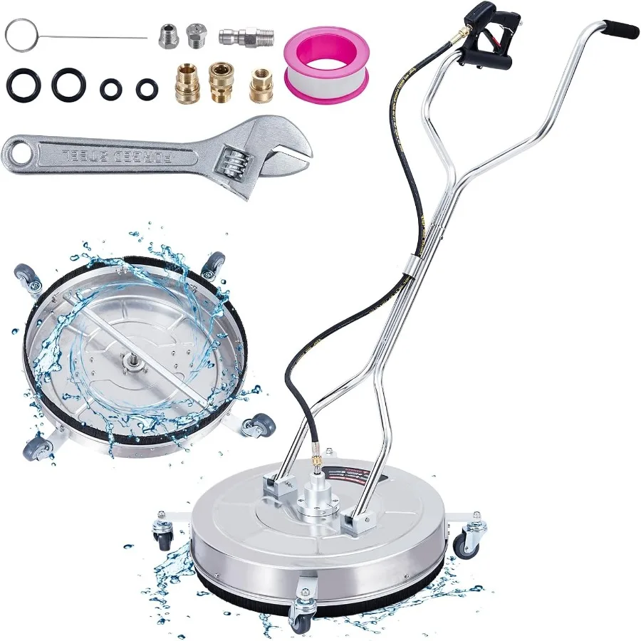 

Очиститель поверхности мойки высокого давления 24 дюйма с двойной ручкой, 4 колеса, разъем 3/8, 2 сменных насадки, корпус из нержавеющей стали для Dr