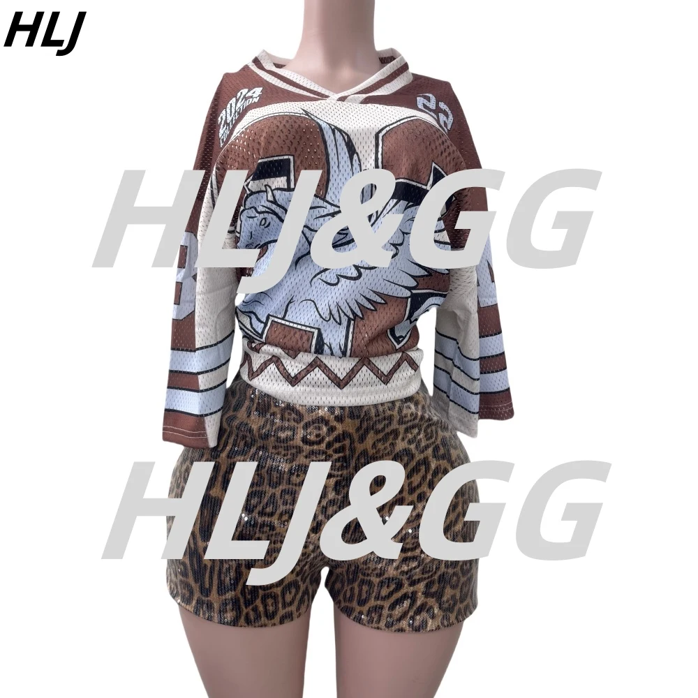 HLJ Fashion Y2K Sequin Leopard Shorts Two Piece Sets Women V Neck Short Sleeve Loose Basketball Tshirts And Shorts Streetwear