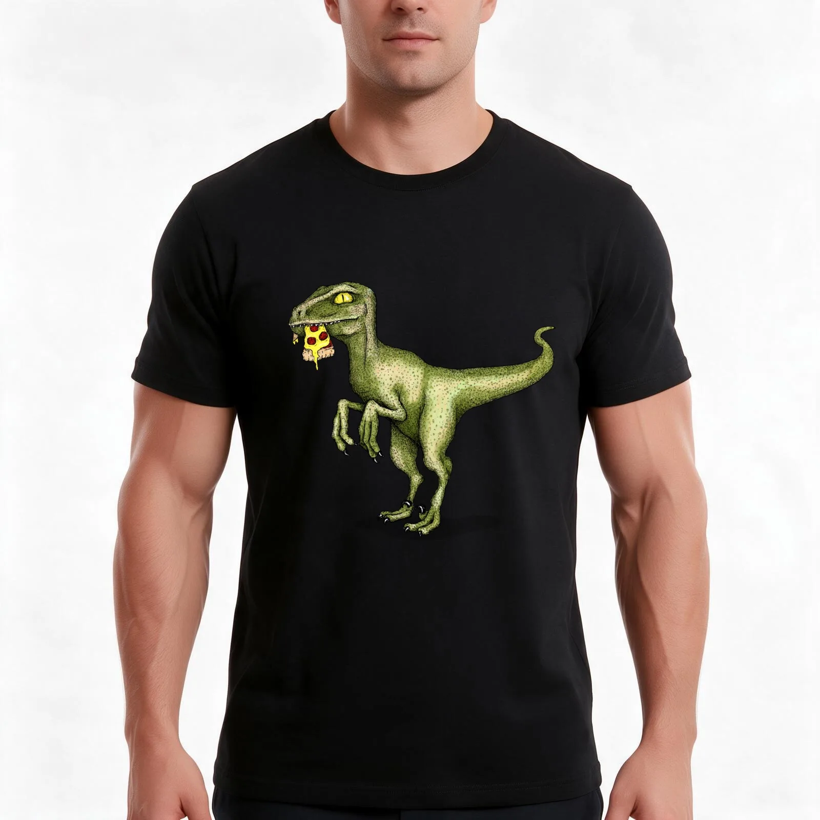 Raptor dinosaur eating pizza slice T-Shirt, Summer Casual Cotton Tee, Oversized Streetwear Tops, Vintage Graphic Print